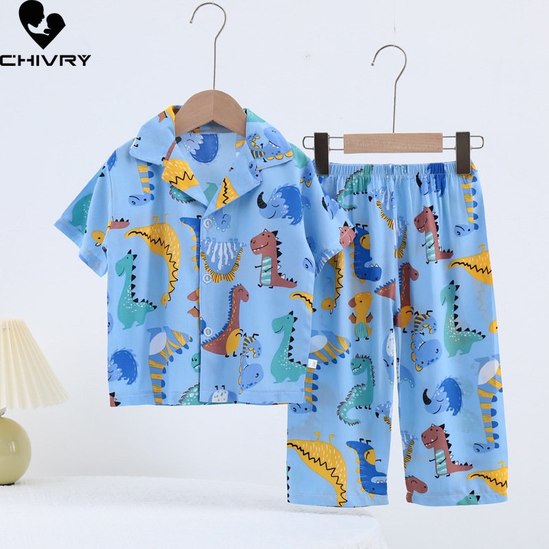 Kids Summer Thin Pajamas Sets New 2023 Boys Girls Cartoon Short Sleeve Lapel Shirt Tops with Pants Baby Boy Sleepwear Homewear