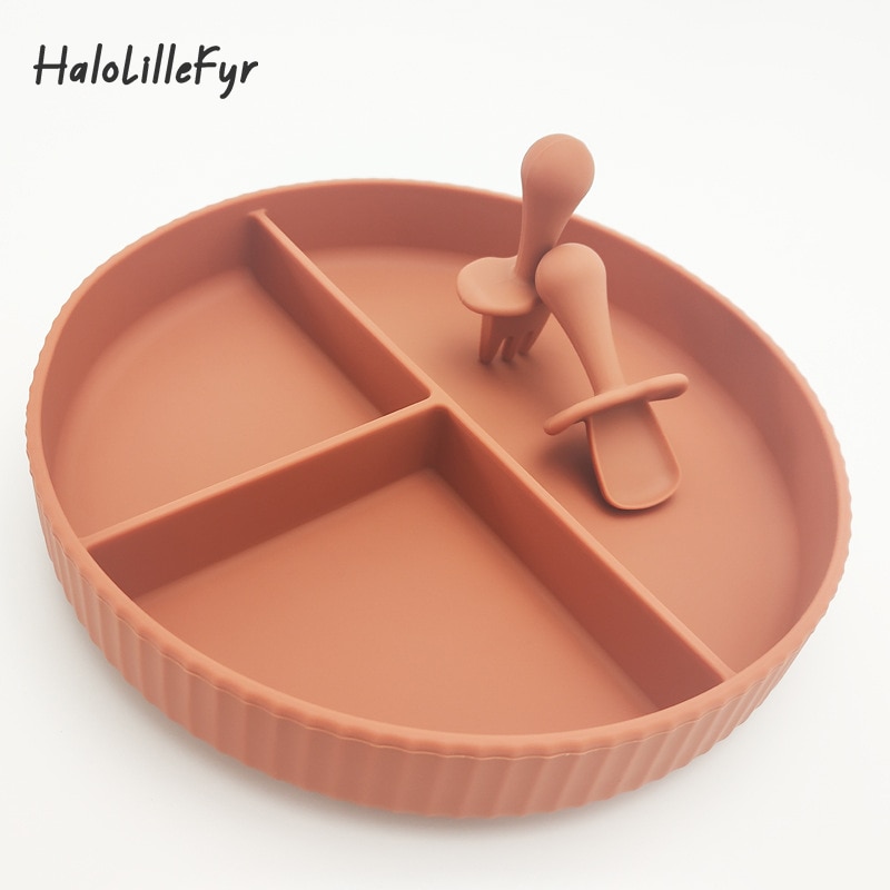 Baby Silicone Divided Suction Plate with Spoon Fork Kids Toddler Feeding Tableware Set Newborn Eating Utensils Dishes Baby Stuff