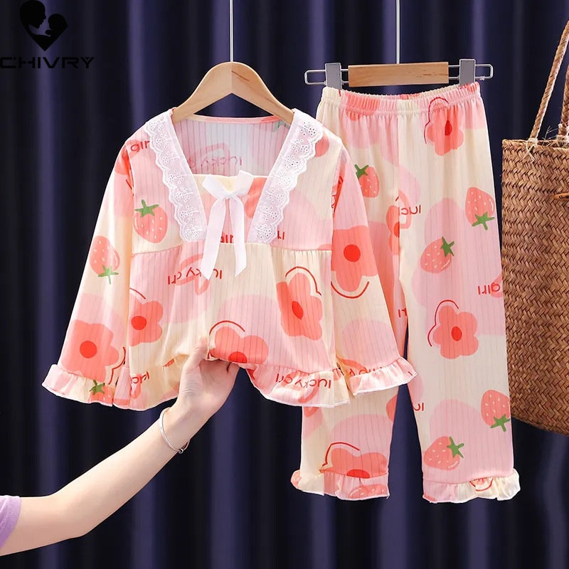 New 2023 Girls Pajamas Sets Cute Cartoon Bear Strawberry Long Sleeve Lace Shirt Tops with Pants Baby Spring Sleeping Homewear