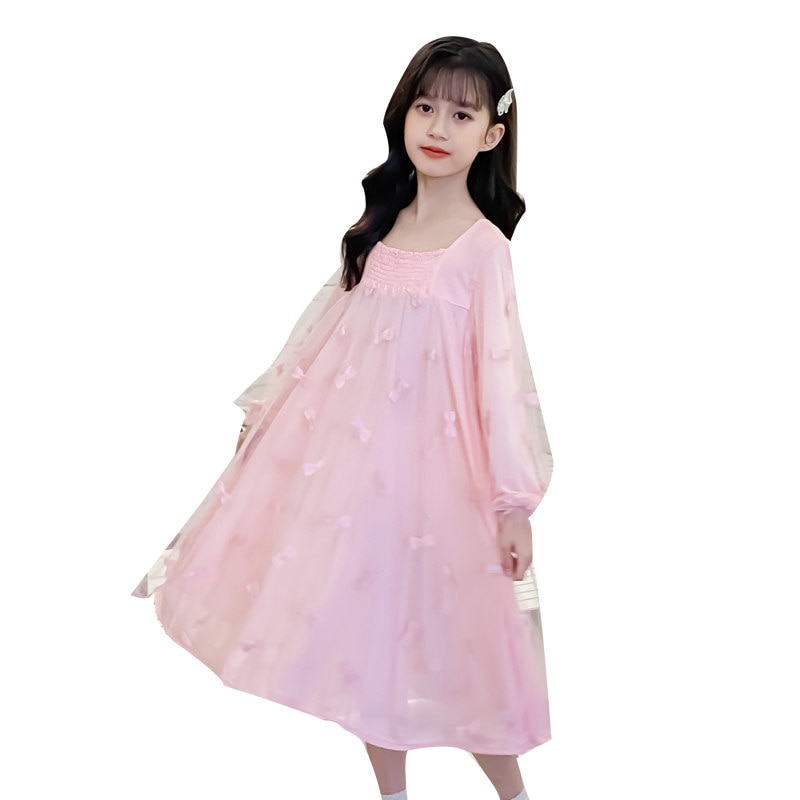 New Spring Summer Girls Princess Nightdress Long Sleeve Long Homewear Baby Girls Mesh Butterfly Design Nightgowns for 4-13 Years