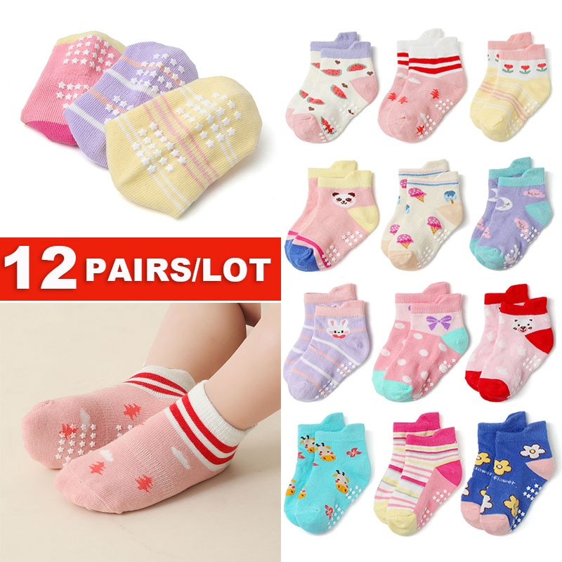 12 PAIRS Baby Girls Toddlers Non Slip Socks Lot Cute Kids Children Anti Skid Cotton Grip Floor Sock Set Spring Autumn