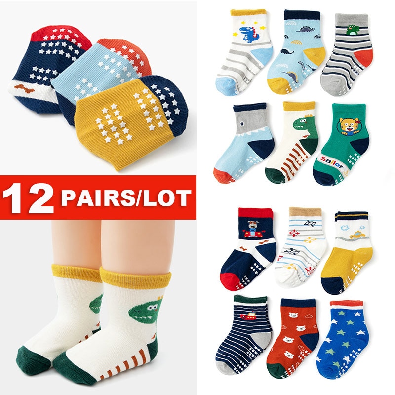 12 PAIRS Baby Boys Toddlers Non Slip Socks Lot Cute Cartoon Kids Children Anti Skid Cotton Grip Floor Sock Set Spring Autumn