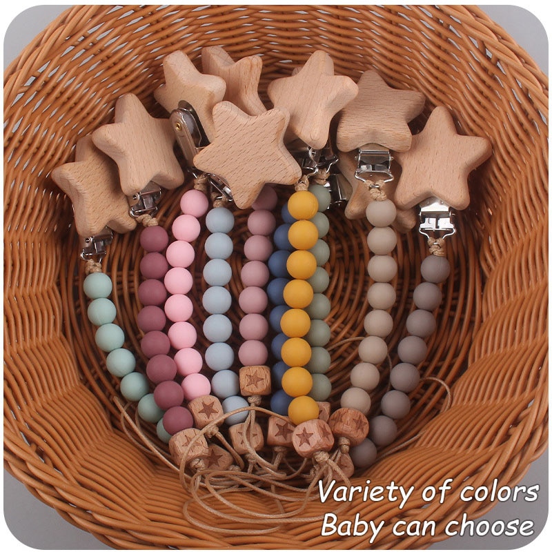 Star Baby Pacifier Clip Silicone Beech Wood Chew Beads Dummy Chain Holder Soother Chains Nipples Clips Baby Teething Shower Toy