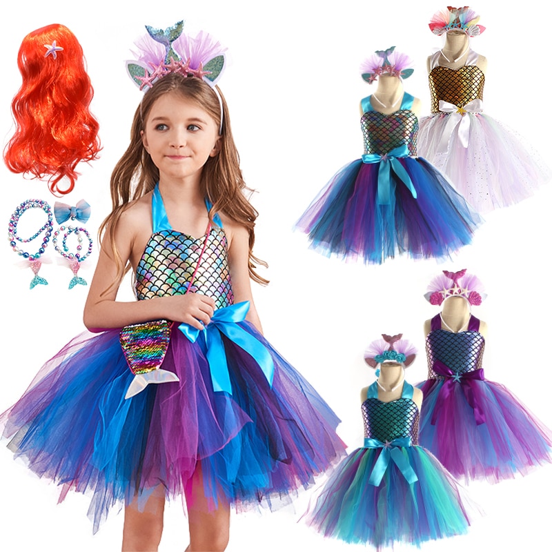 Halloween Children Halter Rainbow Little Mermaid Ariel Rainbow Tutu Princess Dress Girls Carnival Holiday Birthday Party Costume