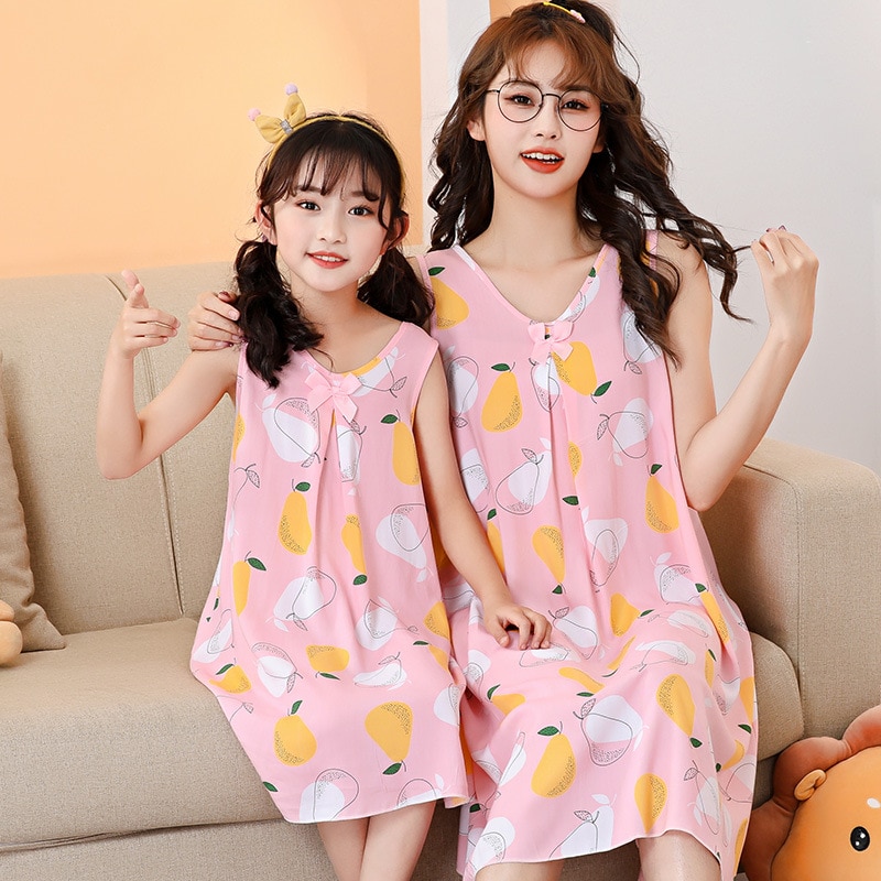 Summer Children's Nightdress Kawaii Girls Pajamas Comfortable Sleepwear Casual Home Wear Nightgowns Mother Kids Mathing Dre