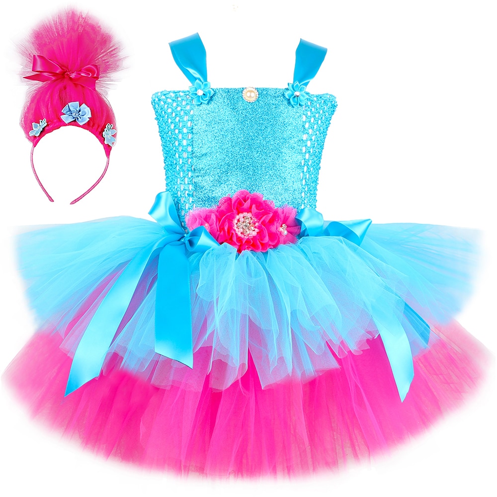 Trolls Costume for Girls Birthday Party Clothes Fancy Poppy Tutu Princess Dress Magic Elves Toddler Kids Halloween Costumes Robe