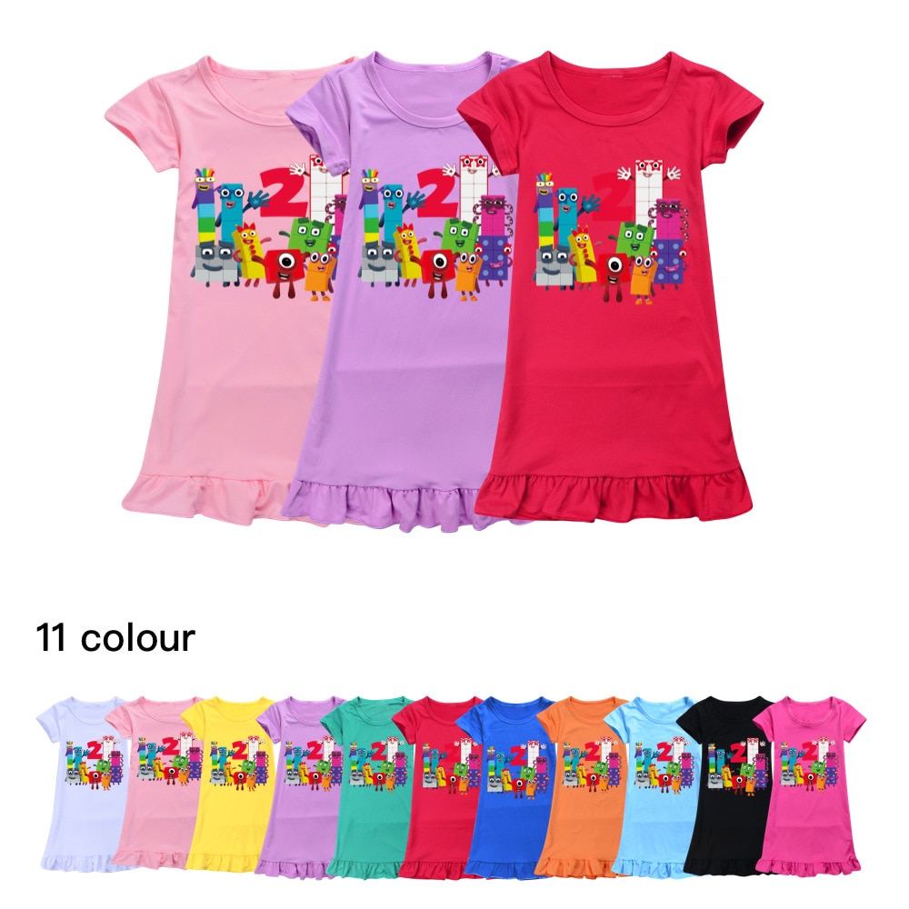 Summer Spring Girls Number Blocks Princess Nightgown Pajamas Kids Short Sleeve Nightdress Cute Cartoon Baby Sleep Dress Homewear