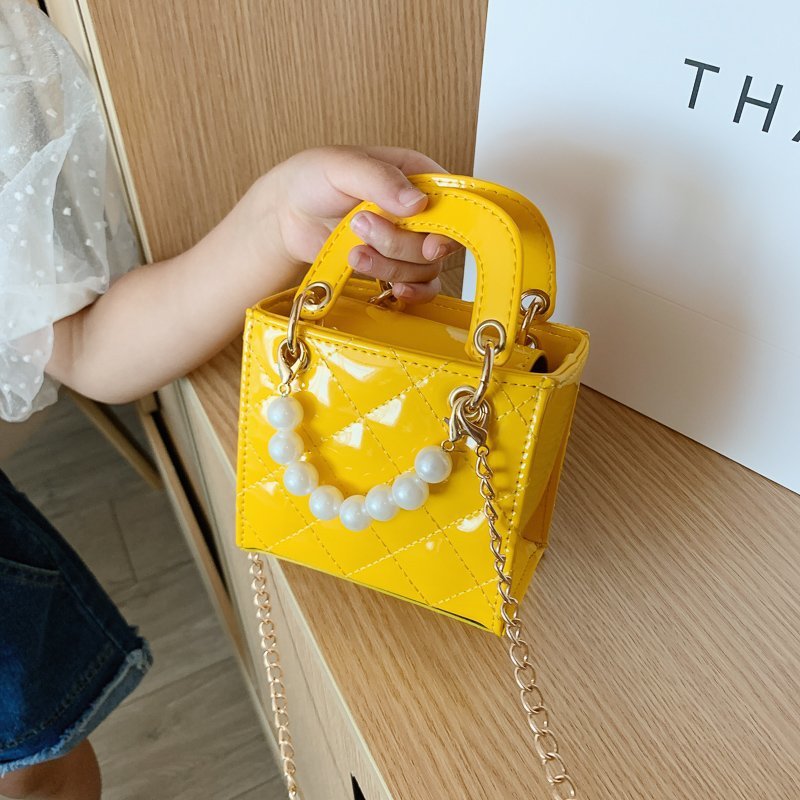 Girls Pearl Handle Handbag Mini Diamond Lattice Chains Shoulder Bag Embroidery Princess Bags Patent Leather Crossbody Bag