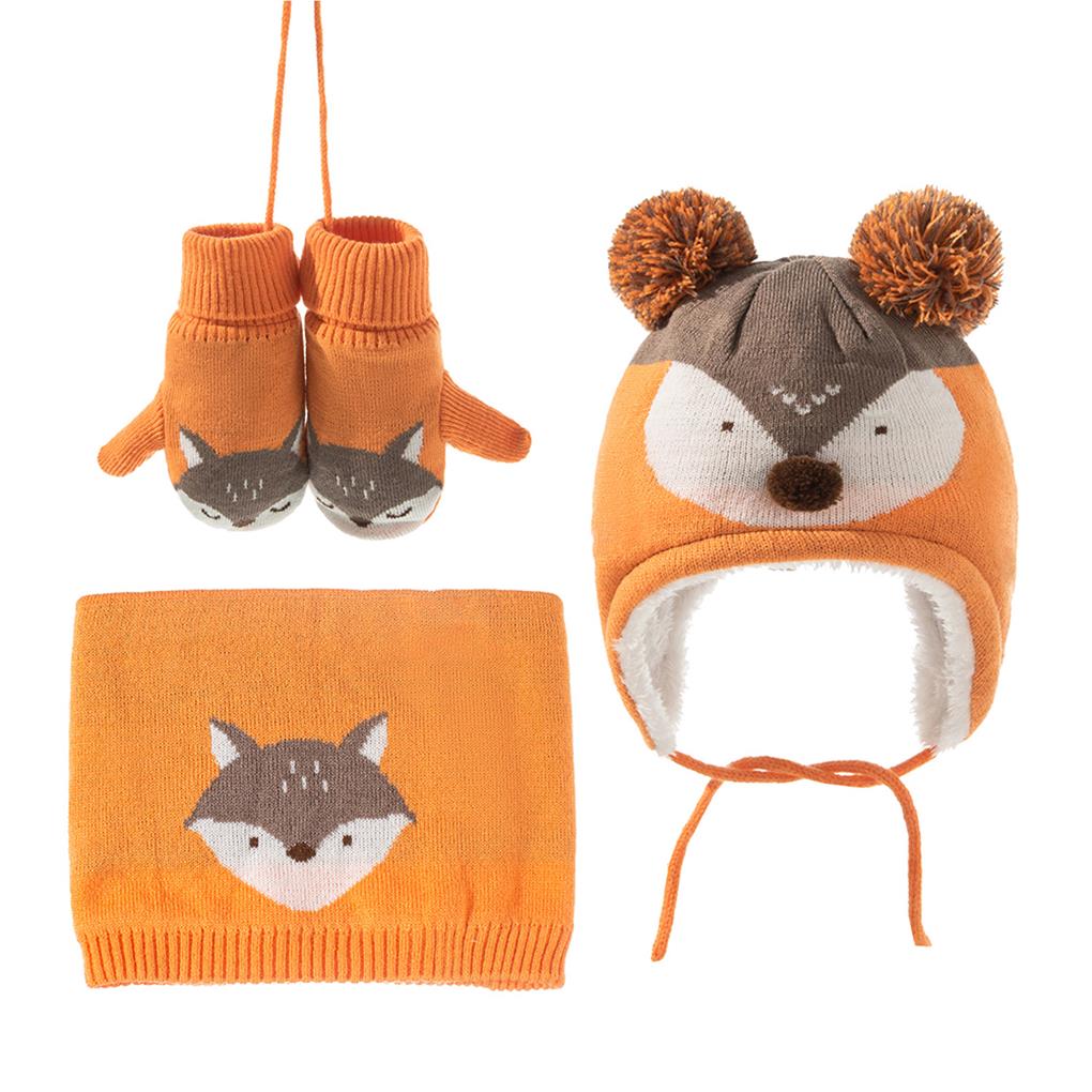 Baby Hat Scarf Gloves Set Winter Cartoon Fox Hats Breathable Kids Beanies Caps Lightweight Portable Gloves for