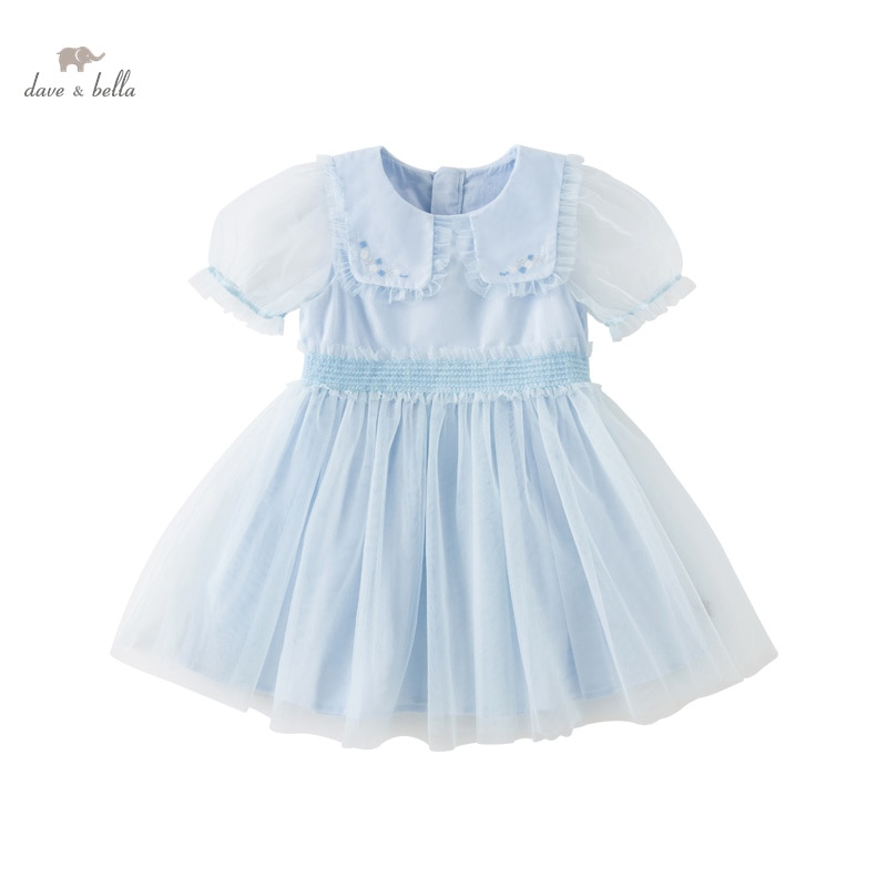 Dave Bella Girl's Purple Short-sleeve Party Dress New Summer Blue Embroidery Print DB2235217