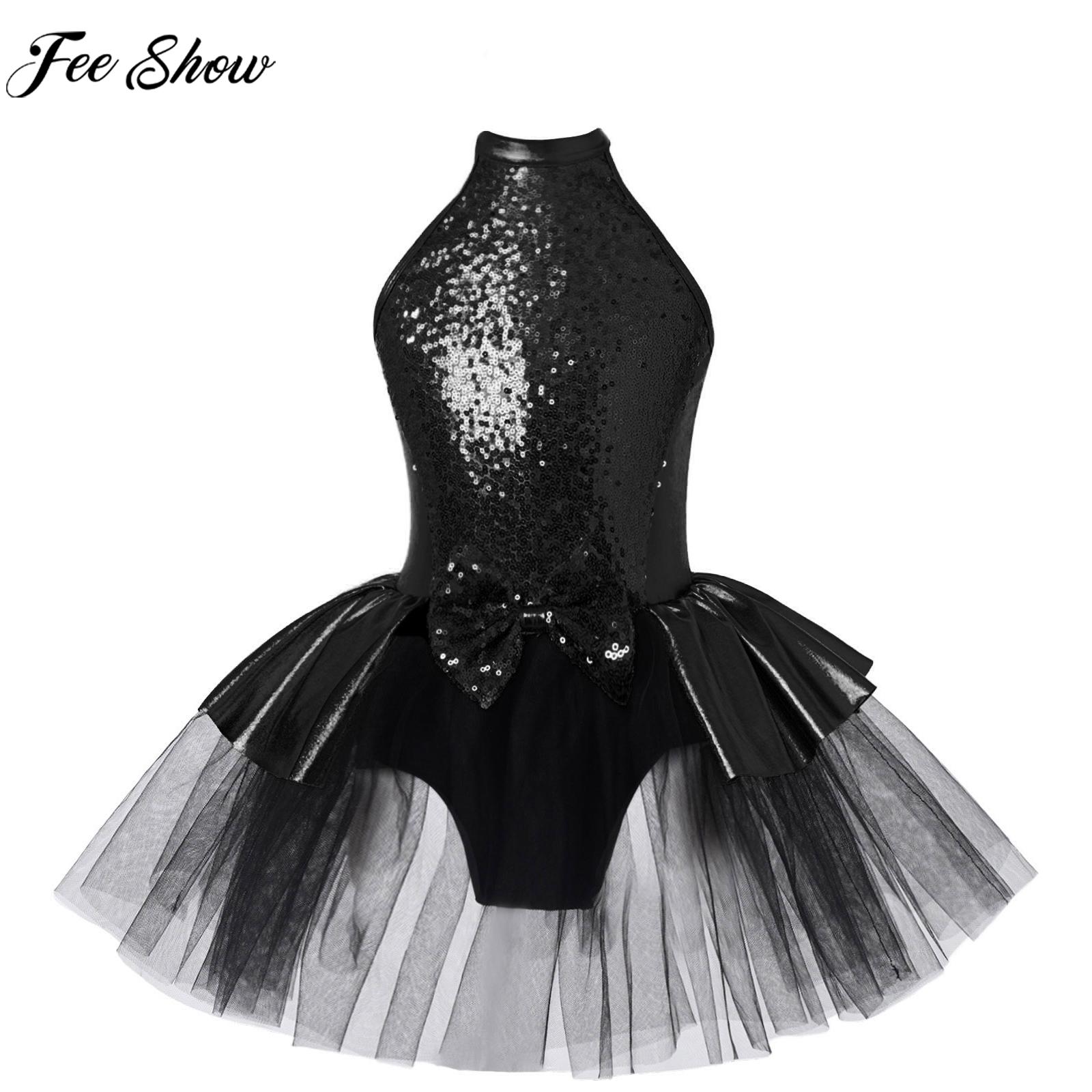 Children Ballet Dance Dress Girls Party Stage Performance Costume Sleeveless Shiny Sequin Mesh Gymnastics Leotard Tutu Dancewear