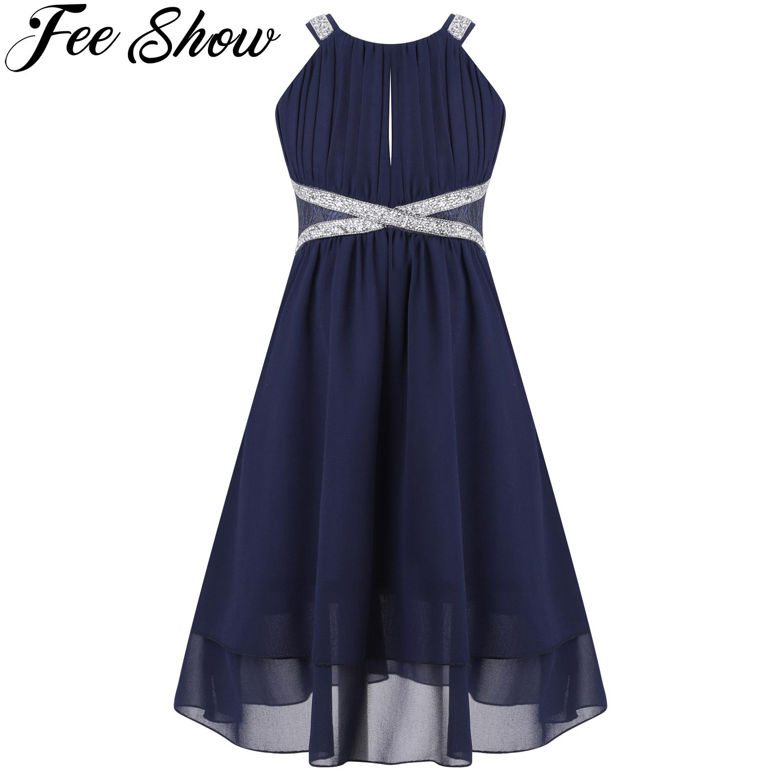 Kids Elegant Flower Girls Dress Princess Birthday Party Wedding Bridesmaid Sleeveless Rhinestone A-Line Chiffon Summer Dress