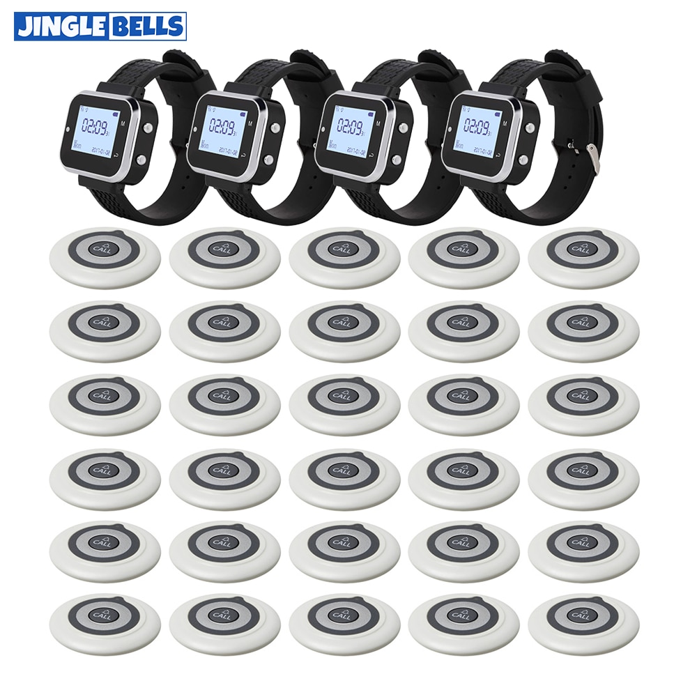 JINGLE BELLS Restaurant Pager Bar Business Super Hospital Cafe Call System 30 CTT19 Buttons 4 CTW06 Watch Type Receivers