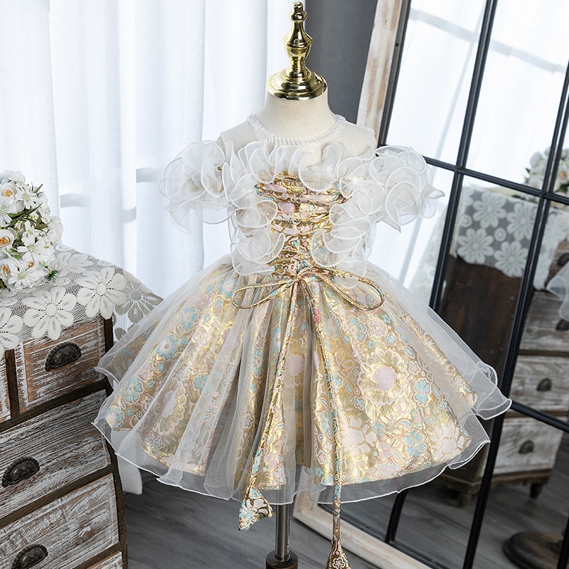 Princess Lace Dress Kids Flower Embroidery Dresses Wedding Birthday Party For Girls Children for Christmas Party Elegant Gown