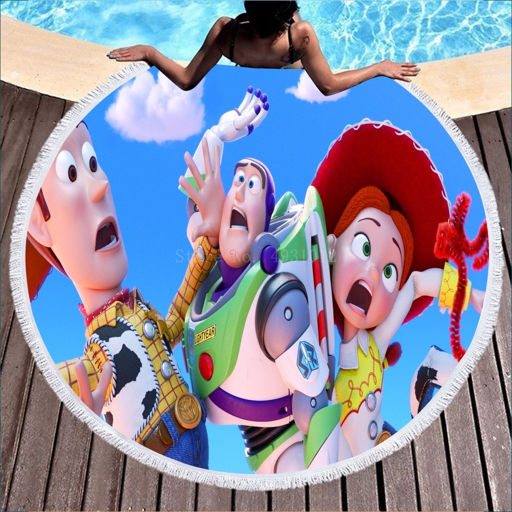 Disney Toy Story Buzz Lightyear Woody Baby Children Beach Towel Sport Swimming Bath Towel with Tassel 150cm Round
