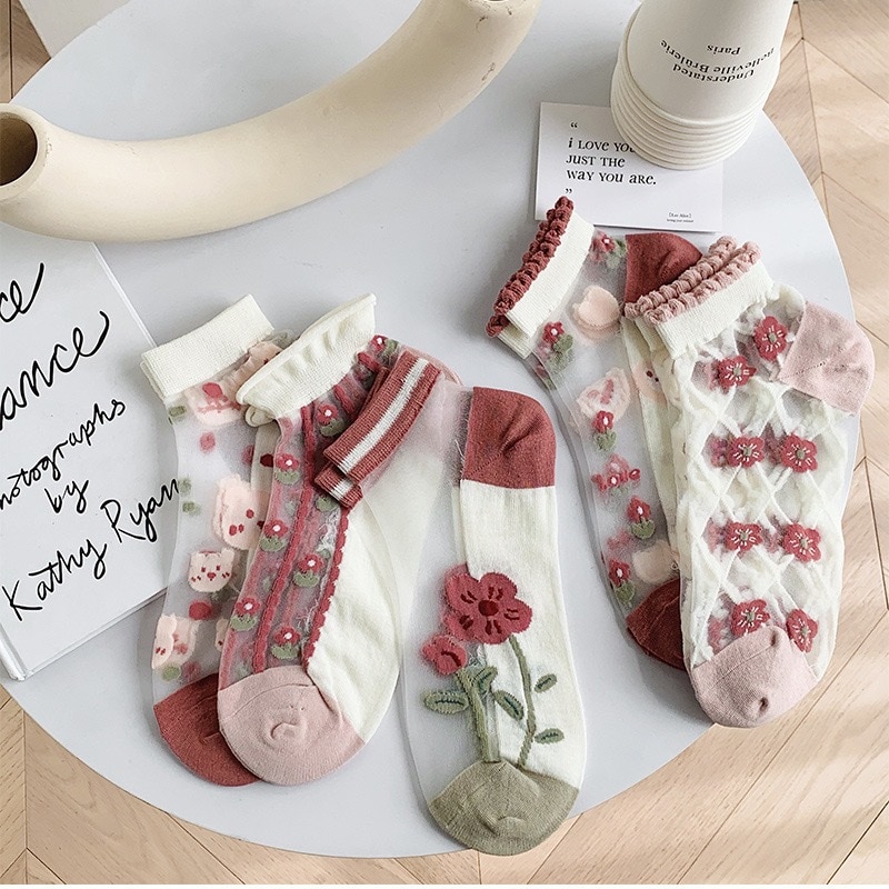 5 Pairs Thin Women Summer Cute Cartoon Socks Set Cat Bear Floral Animal Female Kawaii Transparent Silk Socks For Women