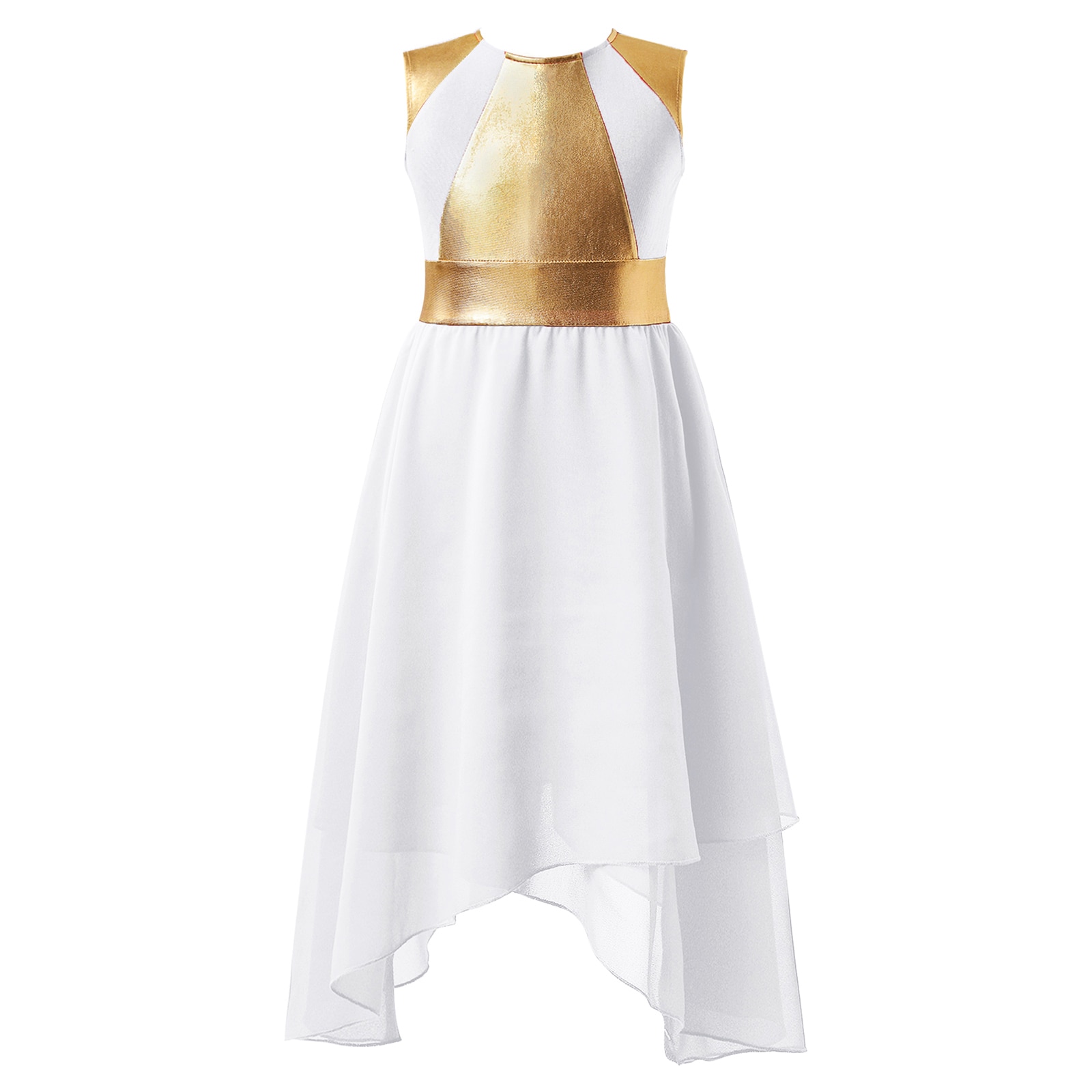 Kids Girls Modern Lyrical Dance Performance Costume Contemporary Ballet Dance Leotard Dress Irregular Hem Shiny Dance Dress