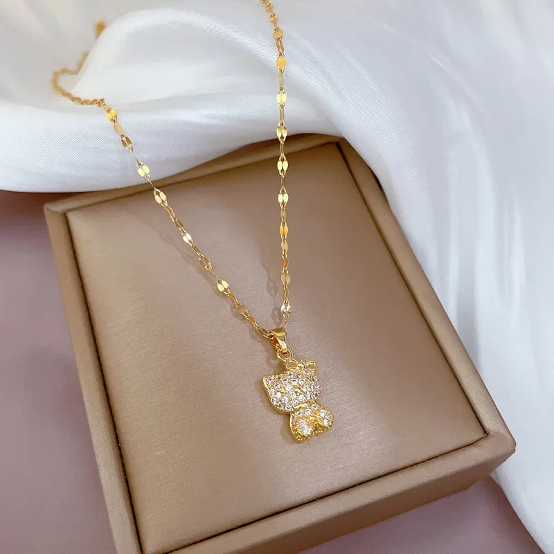 Stainless Steel Gold Color Plated Pendant Necklace Supplies Micro Pave Zircon Beautiful Cat Bowknot