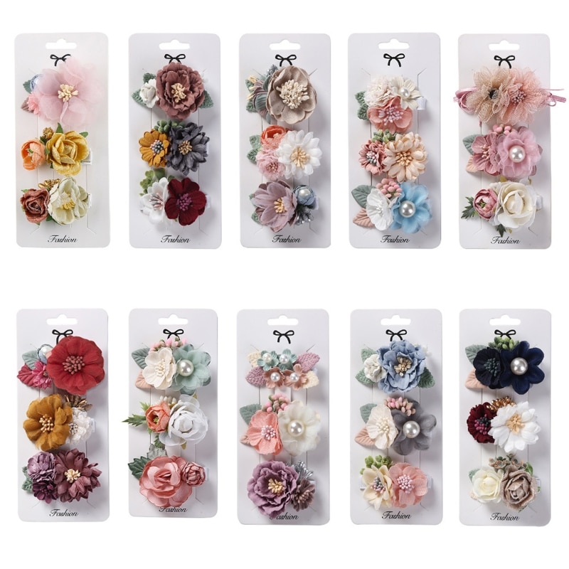 3Pcs Kids Baby Girls Floral Hair Clips Set Artificial Flower Alligator Clip Bow