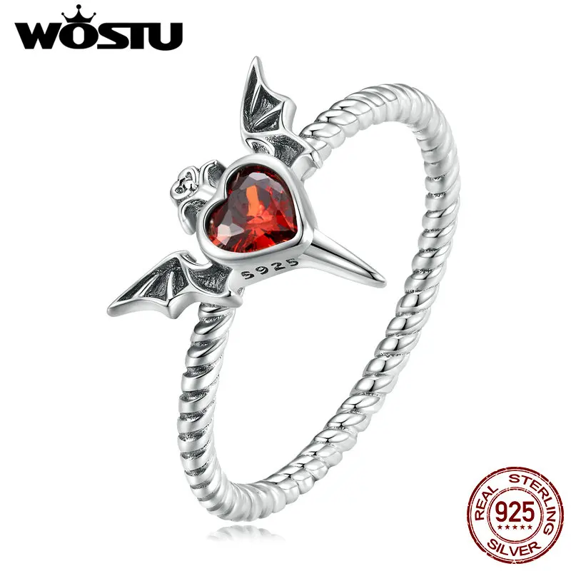 WOSTU 925 Sterling Silver Punk Goth Bat Wings Braided Ring Black Heart CZ Retro Rings for Women