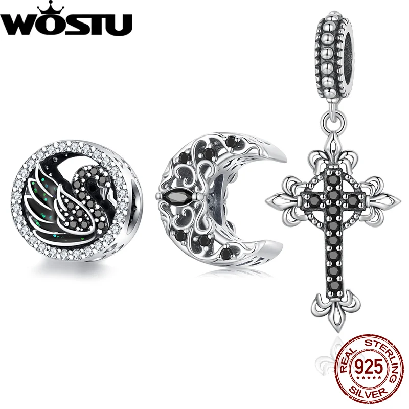 WOSTU 925 Sterling Silver Black Zircon Hollow Cross Charms Pendant Moon Swan Bead Fit Women Bracelet
