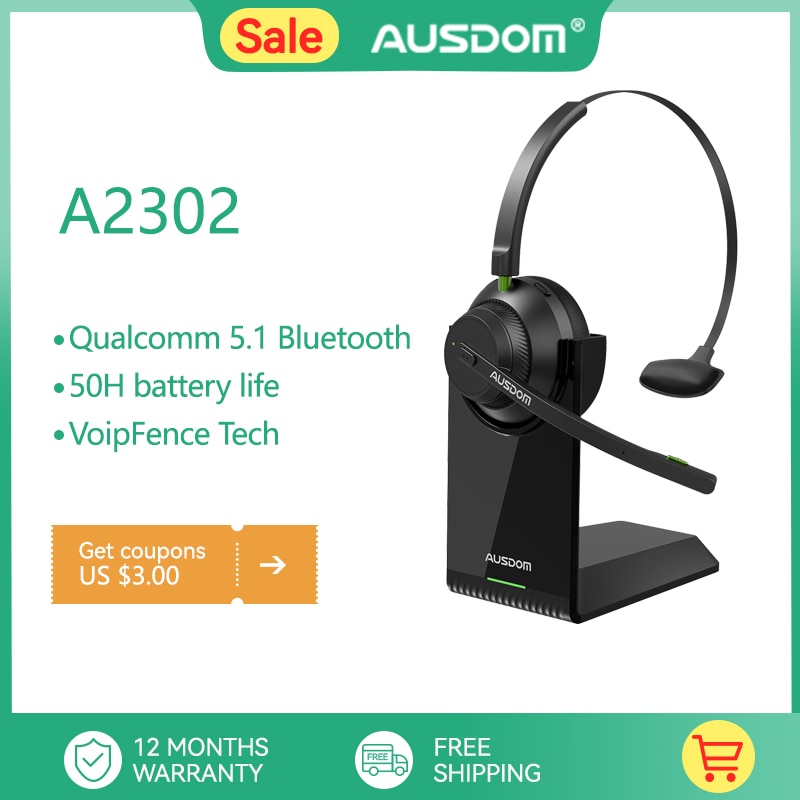 AUSDOM A2302 Trucker Bluetooth 5.1 AI Noise Cancelling Mics Wireless Headset With Charger Stand 50h Headphones For Call Center