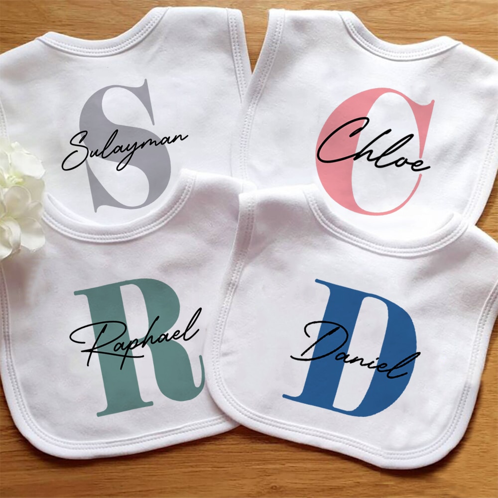 Baby Personalised Name Initial Bib Toddler Infant Custom Cotton Bibs Boy's Girl's Customised Bib Feeding Saliva Towel 