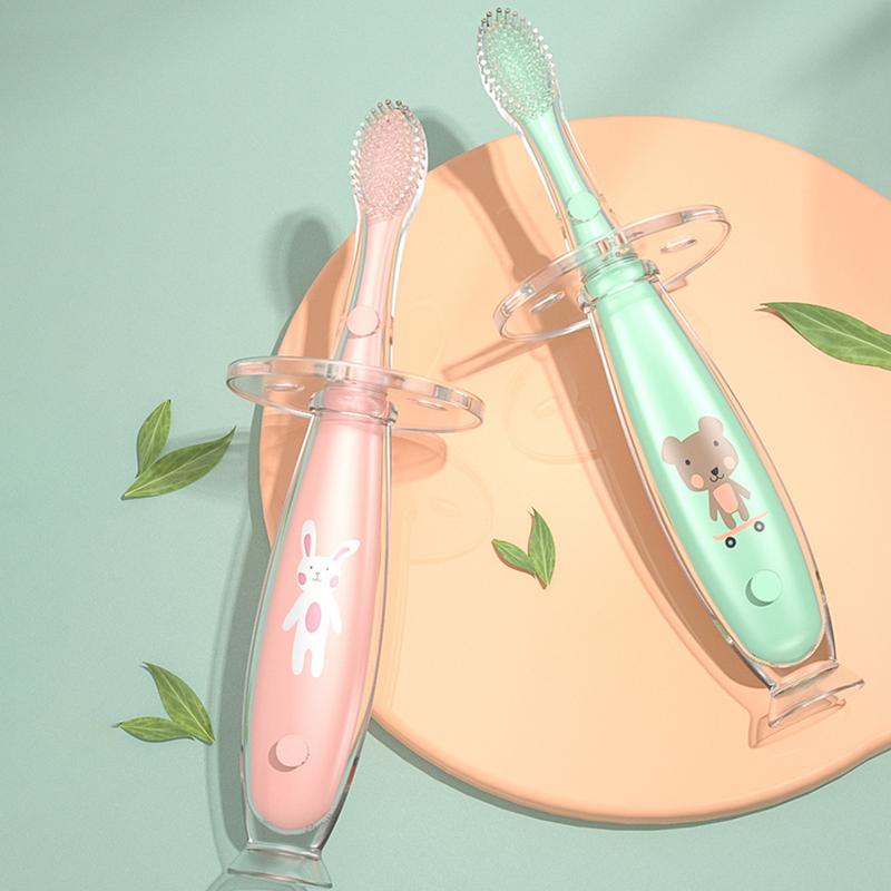 Toddler Toothbrush Standing Sucker Tongue Brush Food Grade Silicone Extra Soft Bristles Perfect Oral Cleaner 12 Months And Up