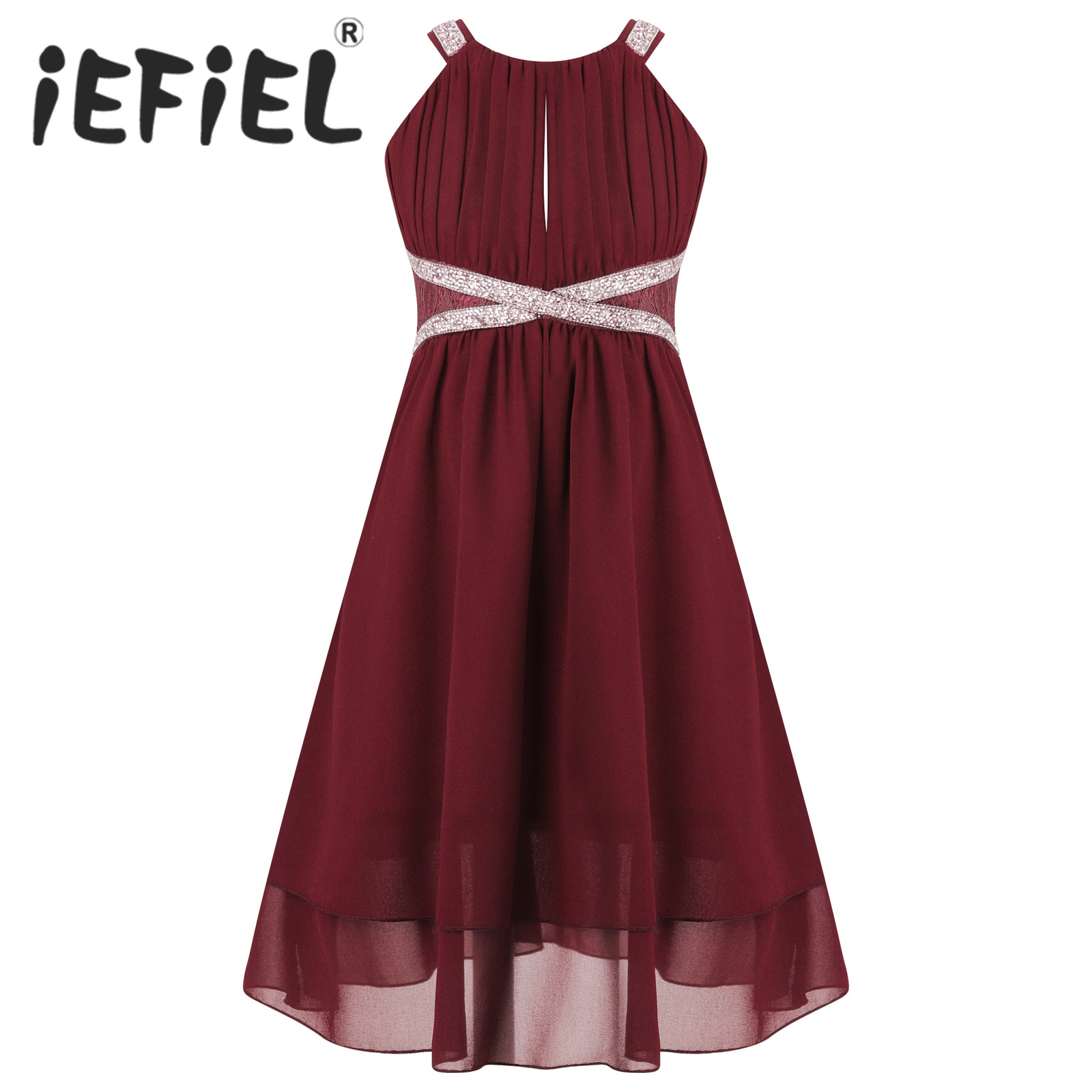Kids Flower Girls Dress Elegant Birthday Party Bridesmaid Dress Sleeveless Keyhole Rhinestone Chiffon Summer Communion Dress