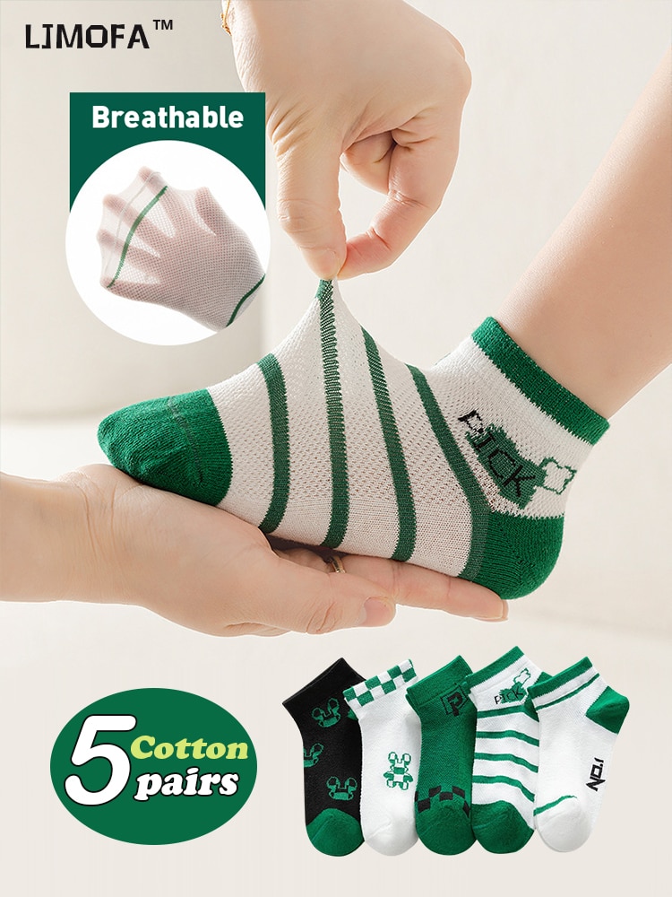 LJMOFA 5 Pairs 0-12Y Cotton Baby Short Socks Toddler Boys Girls Summer Mesh Thin Sock Cotton Stripe Cartoon Knitted Socks C176