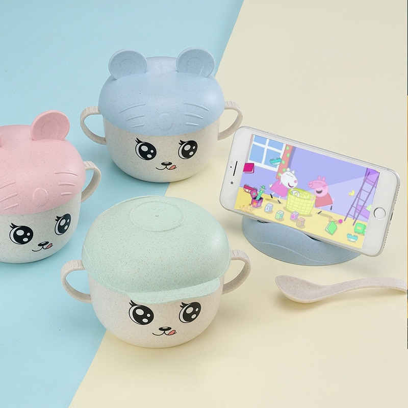 Cute Baby Feeding Food Tableware Wheat Cartoon Kids Dishes Children Eating Dinnerware Set Anti-hot Plate Training Bowl+Spoon+Lid