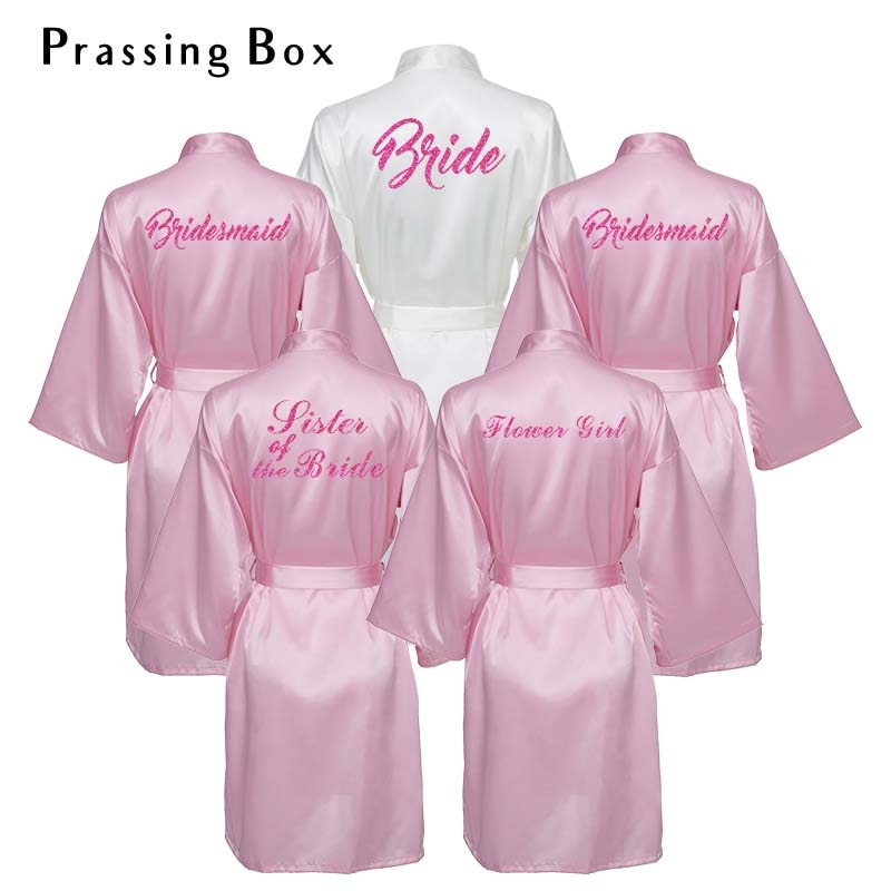 Pink Bridesmaid Robes Faux Satin Robe Polyester Fabric White Bridal Robe Wedding Team Bride Robes Maid Of Honor Robes For Women
