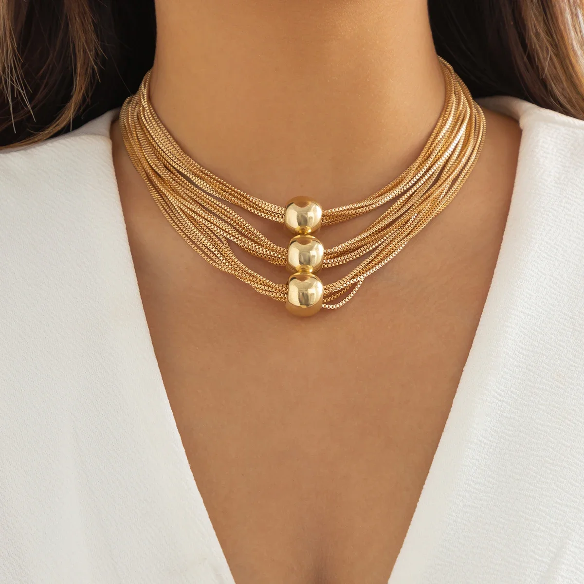 IngeSight.Z Multi Layered Exaggerated CCB Material Big Ball Choker Necklace For Women Vintage Gold