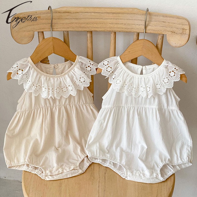 Baby Girls Solid Color Rompers Girls Sleeveless Jumpsuit Bodysuit Toddler Baby Girls Sweet Lace Casual Rompers Summer Clothes