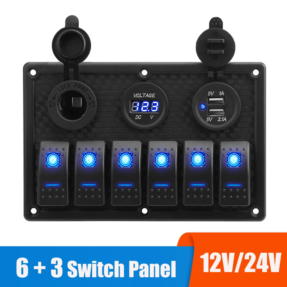 24V 12V 6 Buttons Switch Panel With Digital Voltmeter Tester USB Chargers 3.0 Light Toggle Car Power