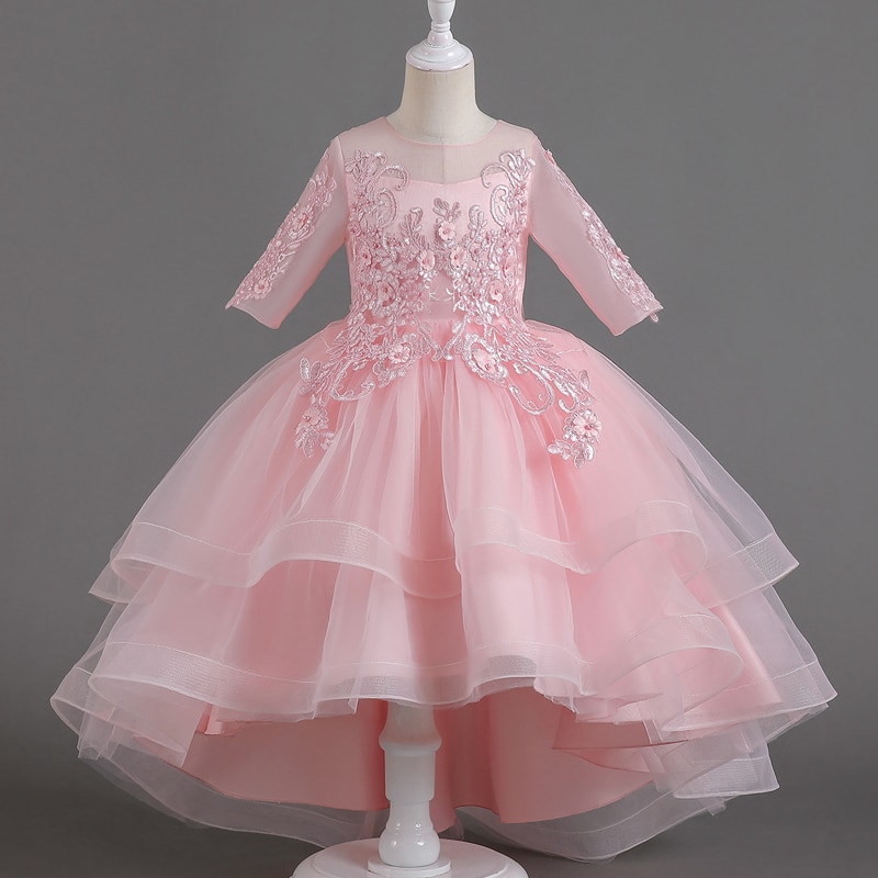 Girl's dress trailing evening gown Half sleeve Spring summer autumn princess skirt mesh gauze pooper dress Sweet TF01