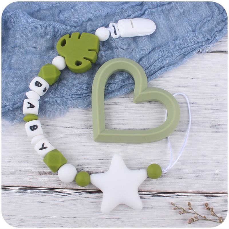 Personalized Pacifier Clip Baby Custom Silicone Name Leaf Pacifier Anti-Drop Chain Food Grade Silicone Teething Toys For Molar