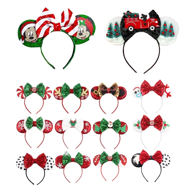 Christmas Mickey Mouse Ear Headbands 5"Hair Bow Minnie sequin Head Buckle Xmas Party Dress Up Kids Maleficent Hair Accessor