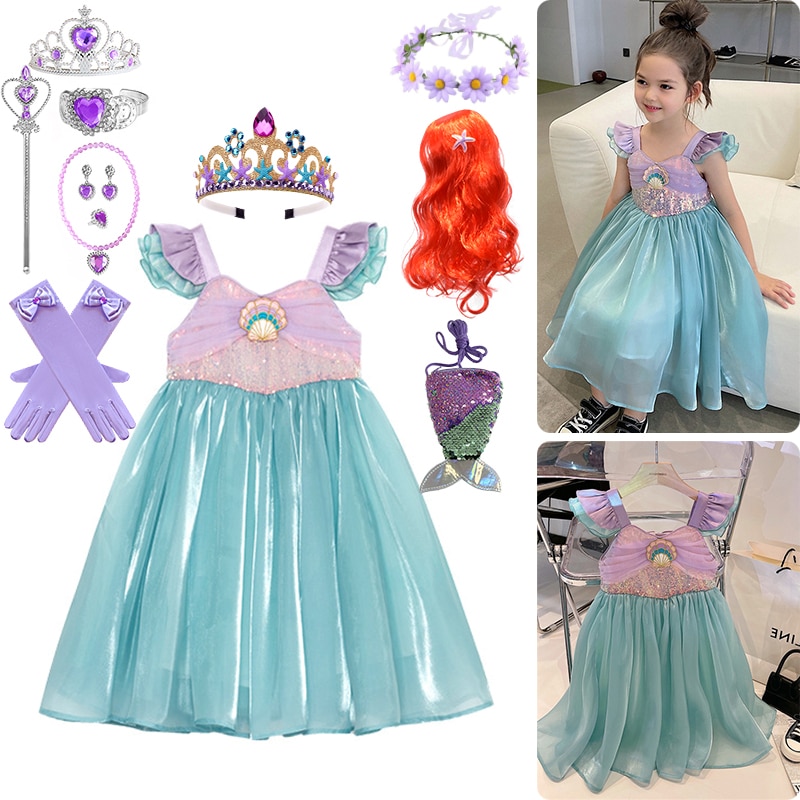 2023 Summer Fancy Girl Korean Kids Shiny Princess One Piece Mermaid Dress Christmas Cosplay Ariel Backless Halter Party Costume