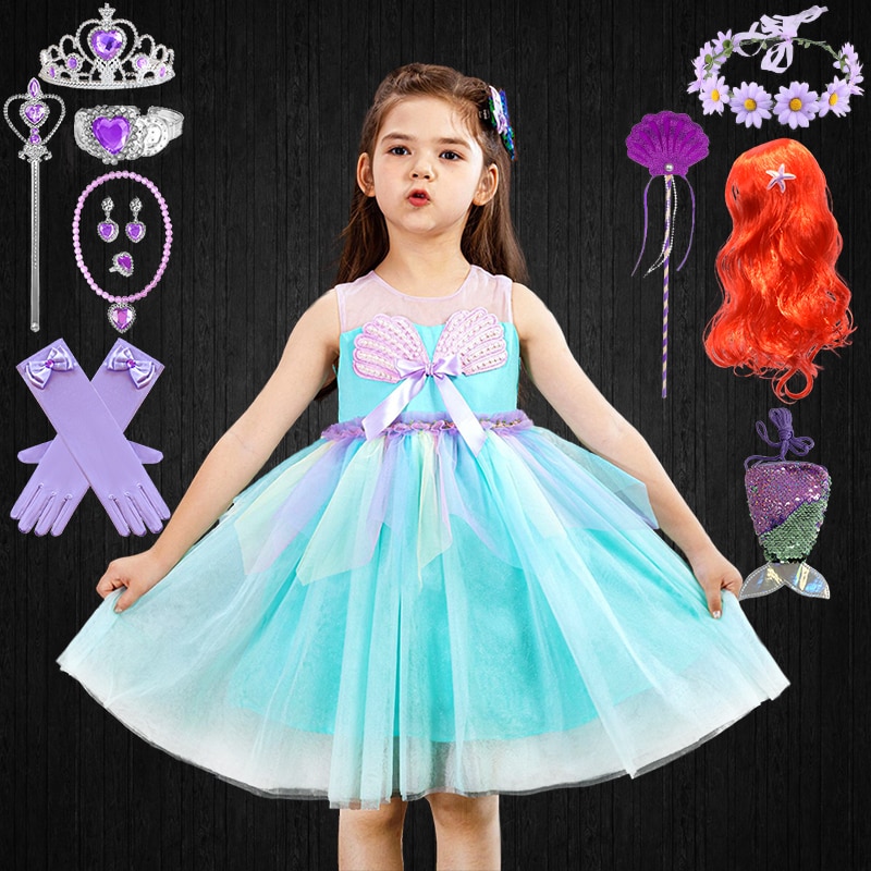 Summer Elegant Girl Beaded Shell Printed Princess Mermaid Dress Halloween Disguised Kids Tulle Ariel Birthday Party Ball Gowns