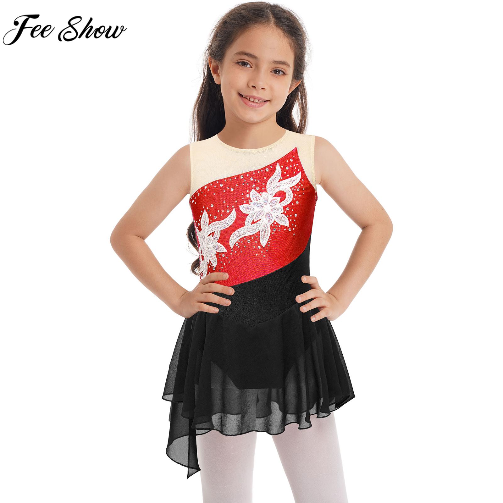 6-16Y Girls Figure Skating Dress Ballet Dance Gymnastic Stage Performance Costume Sleeveless Shiny Diamond Sequins Leotrad Tutu