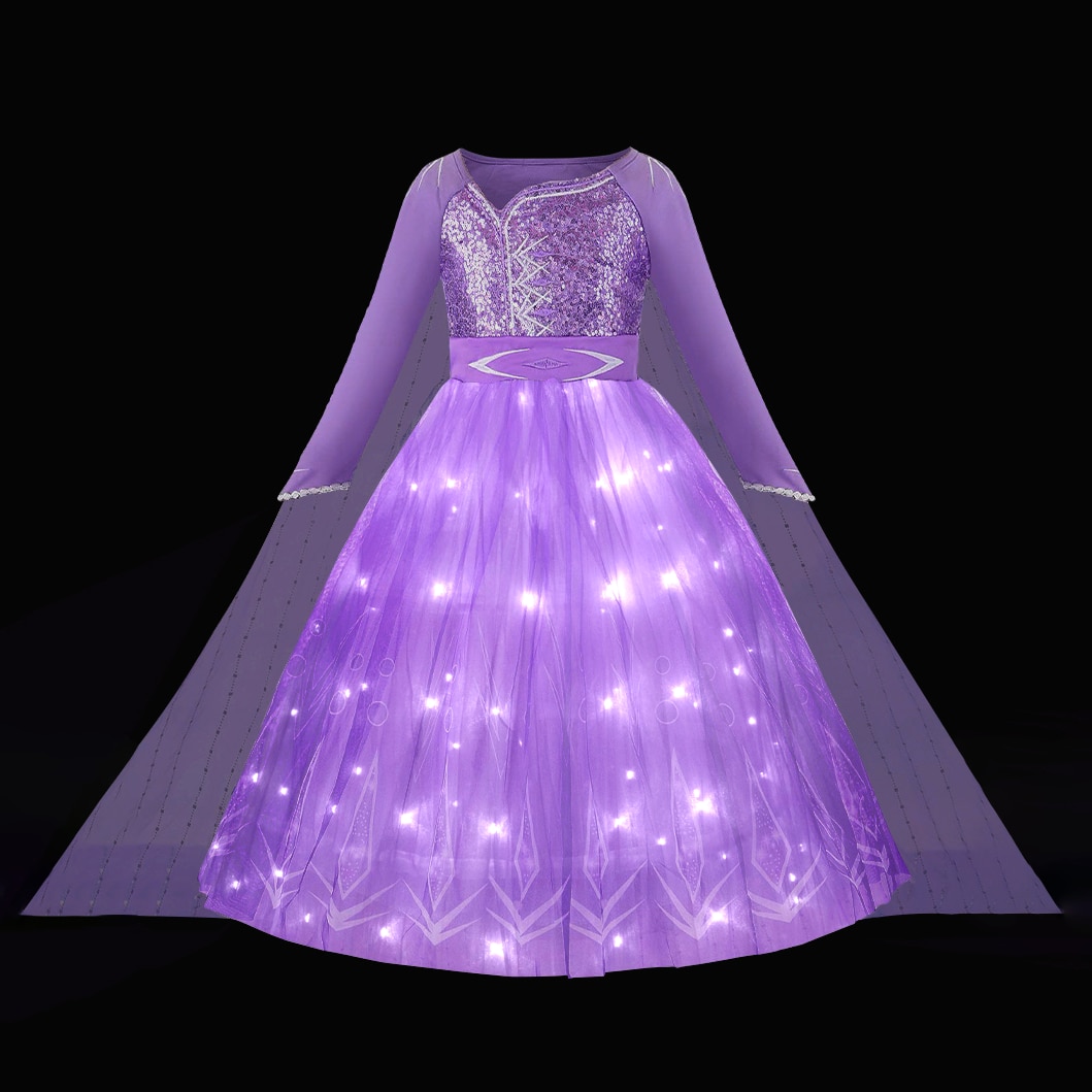 Uporpor Princess Elsa LED Dress Frozen 2 Girls Cosplay Sequins Fancy Costume Purple Ball Gown Christmas Birthday Party Clothes
