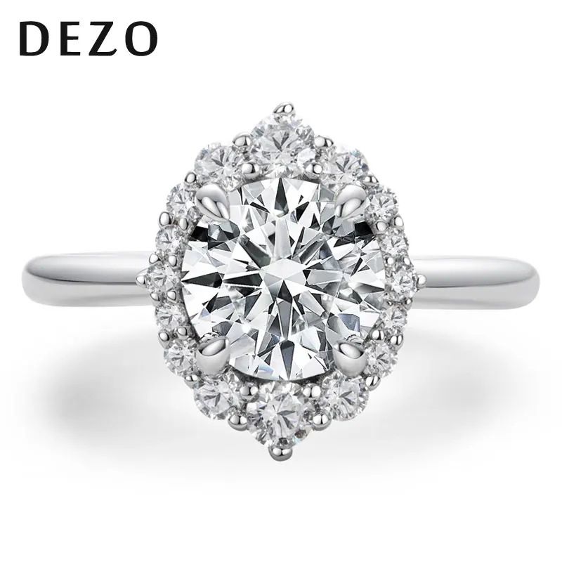 DEZO 2ct Moissanite Engagement Rings For Women Round Cut VVS1 D Color 925 Sterling Silver Halo Style