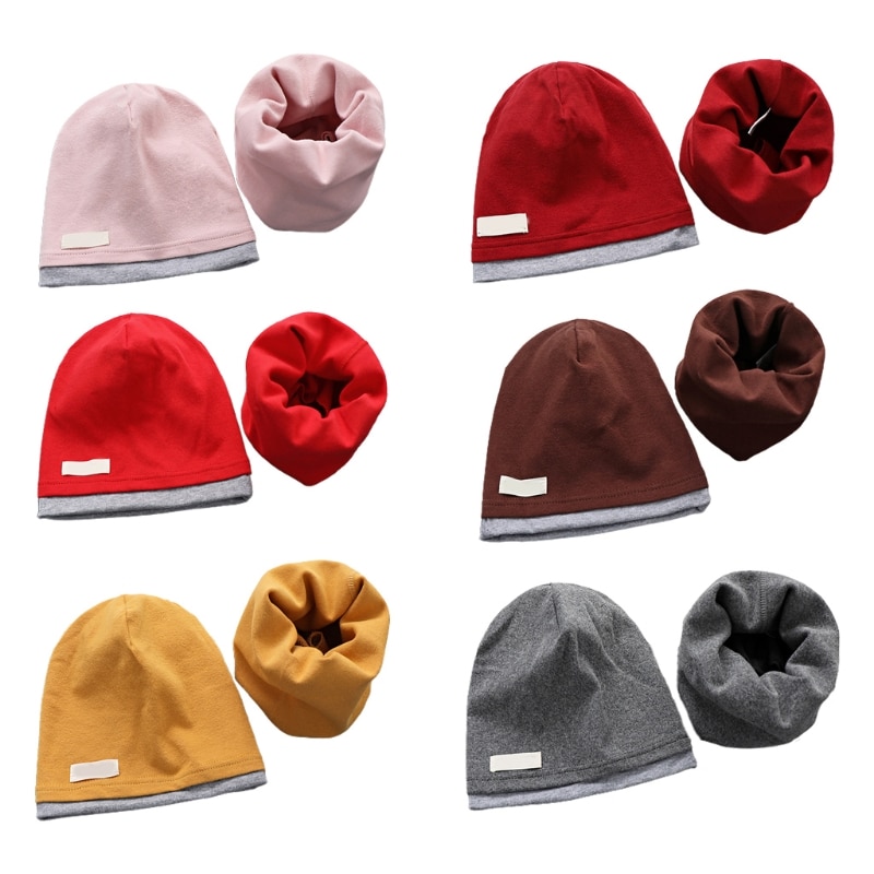 Solid Color Scarf Beanie Hat +Bib Cotton Scarf Windproof for Spring Fall Winter