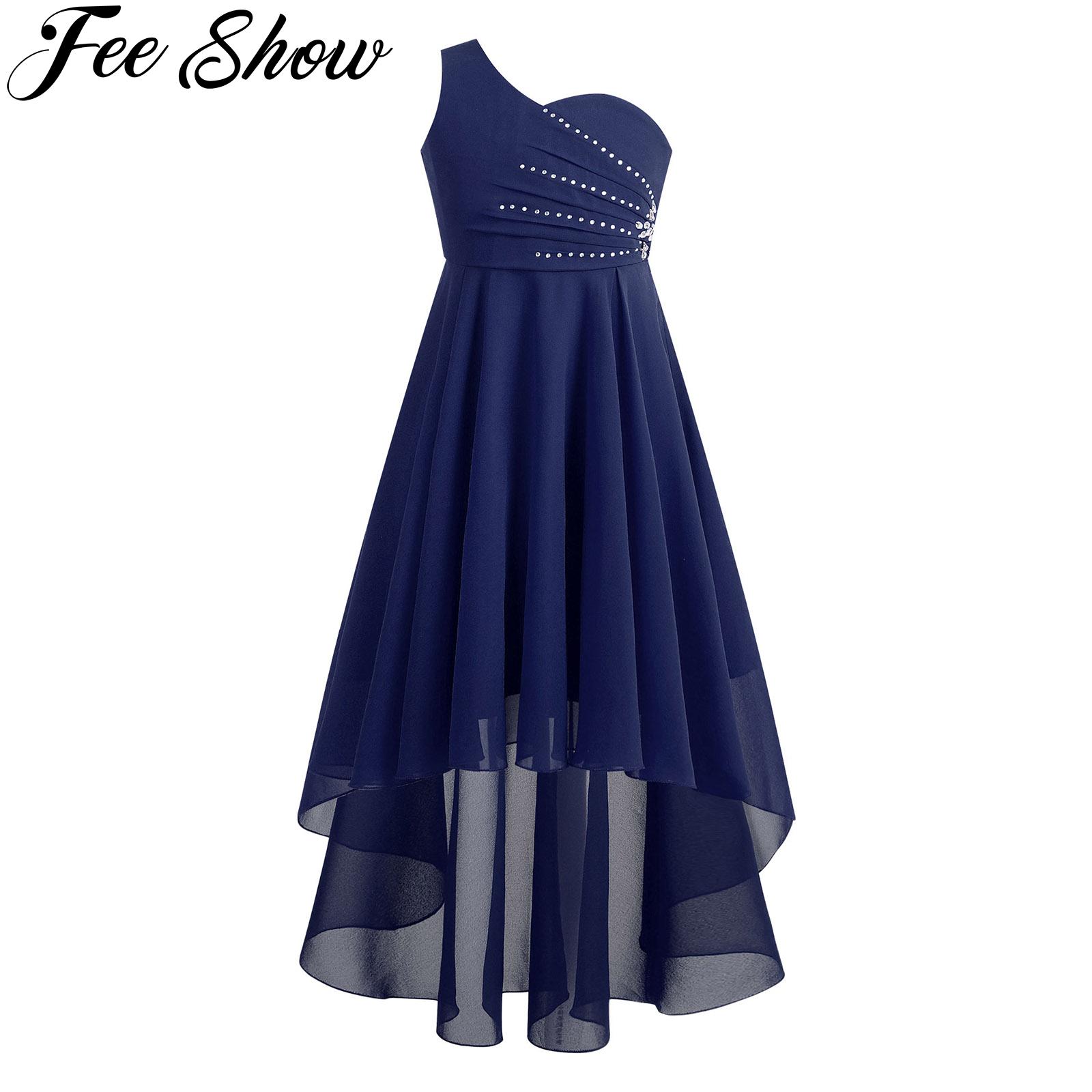Kids Flower Girls Dress Shiny Rhinestones Birthday Party Dress One-Shoulder High-Low Chiffon Summer Dress for Wedding Bridesmaid