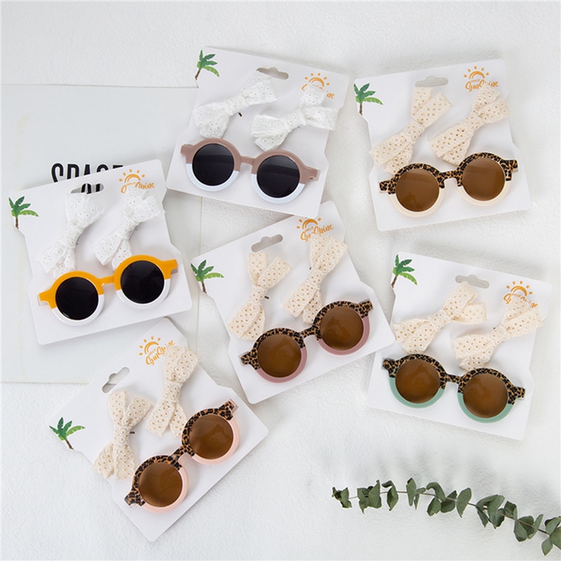 Blotona Baby Kids Girls Sunglasses Set, Contrast Color Round Glasses with Bowknot Hair Clip