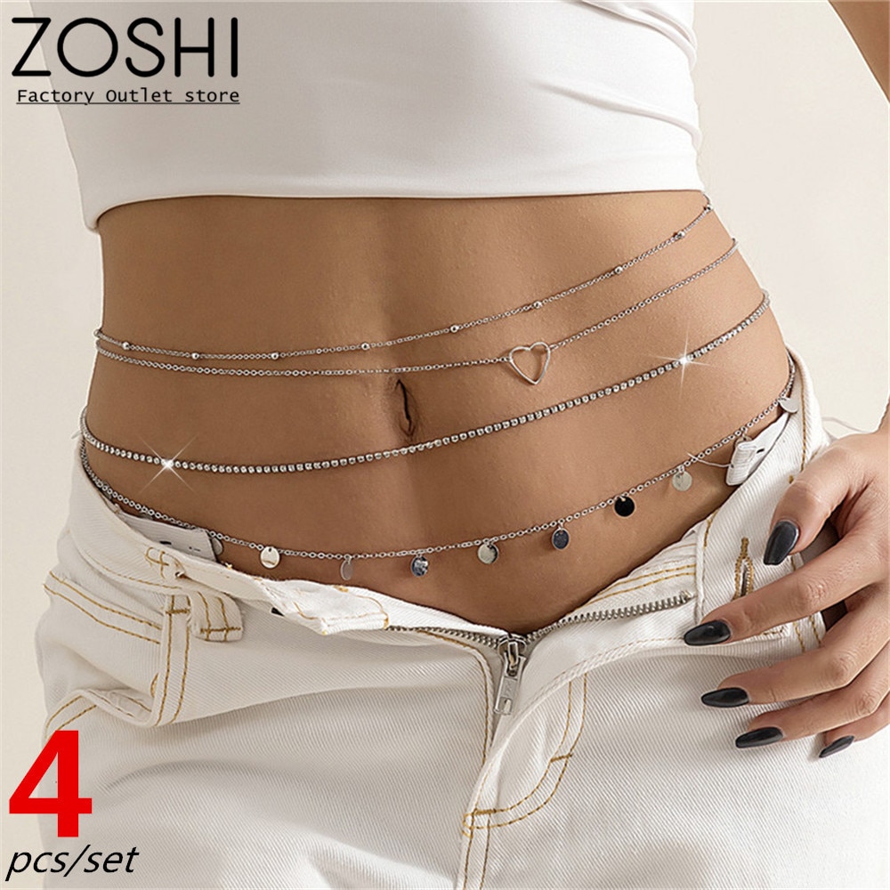 4pcs/set Silver Plated Boho Multilayer Crystal Shiny Waist Chain Women's Round Sequin Pendant Beads Heart Beach Body Jewelr