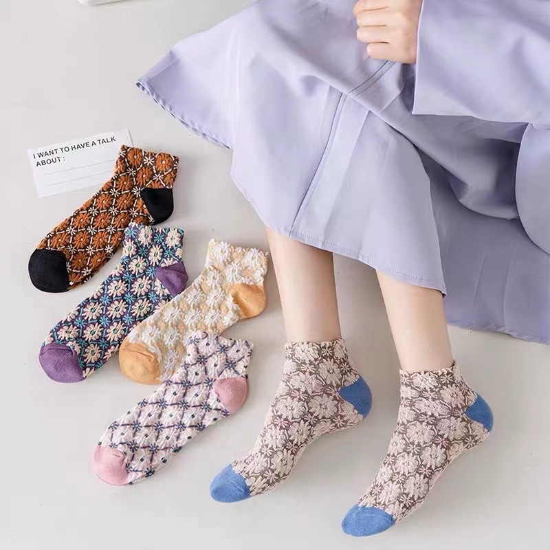 5Pairs/Lot Spring Summer Elegant Cotton Jacquard Vintage Floral Women Ankle Short Socks Girls Ethnic Harajuku Literary Dress Sox