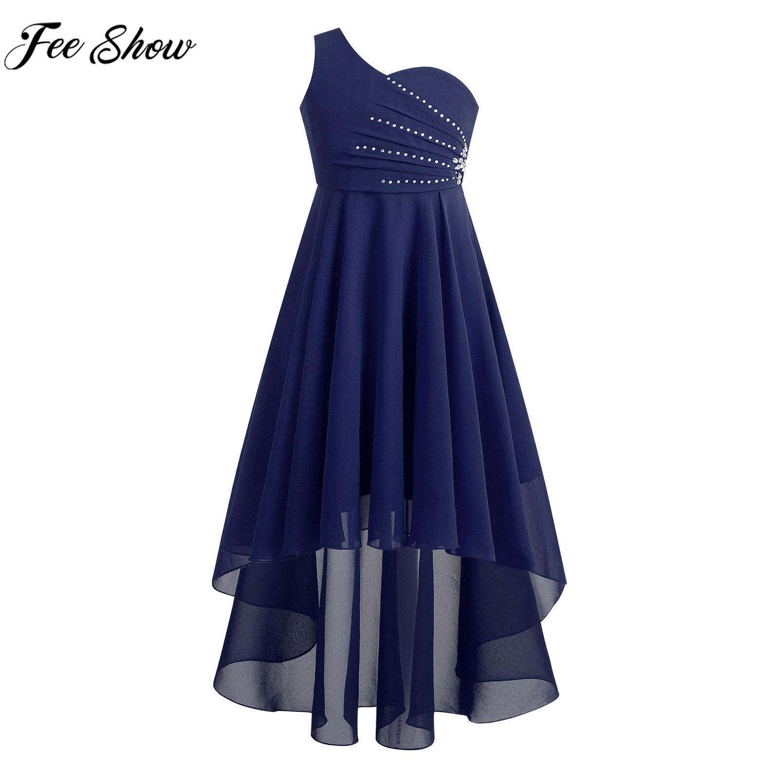Teens Wedding Flower Girls Dress Elegant Shiny Rhinestone Beaded One Shoulder Hi-Lo Chiffon Party Dresses Birthday Evening Gown