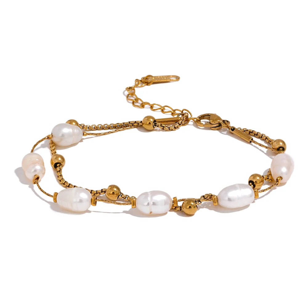 Yhpup Natural Pearls Double Layer Chain Stainless Steel Charm Bracelet Bangle Women Stylish Summer